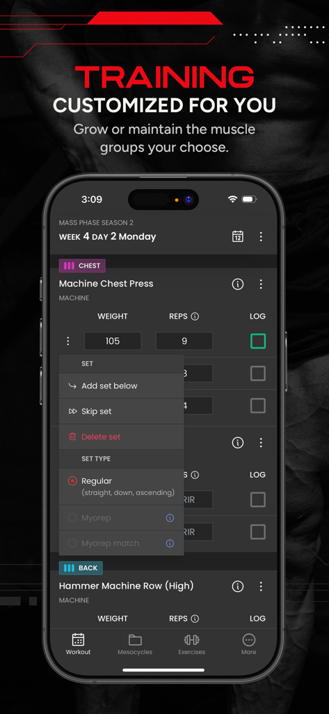 RP Hypertrophy - RP Hypertrophy app workout interface for logging sets and reps of a chest press