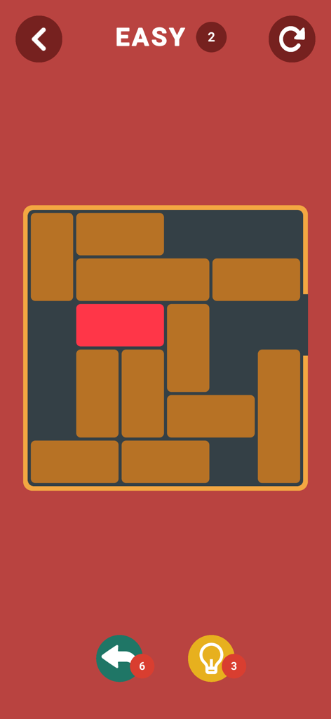 茶色のブロックの間にある開口部を通って移動する必要がある赤いブロックを示す、ブロックエスケープパズルのゲーム画面