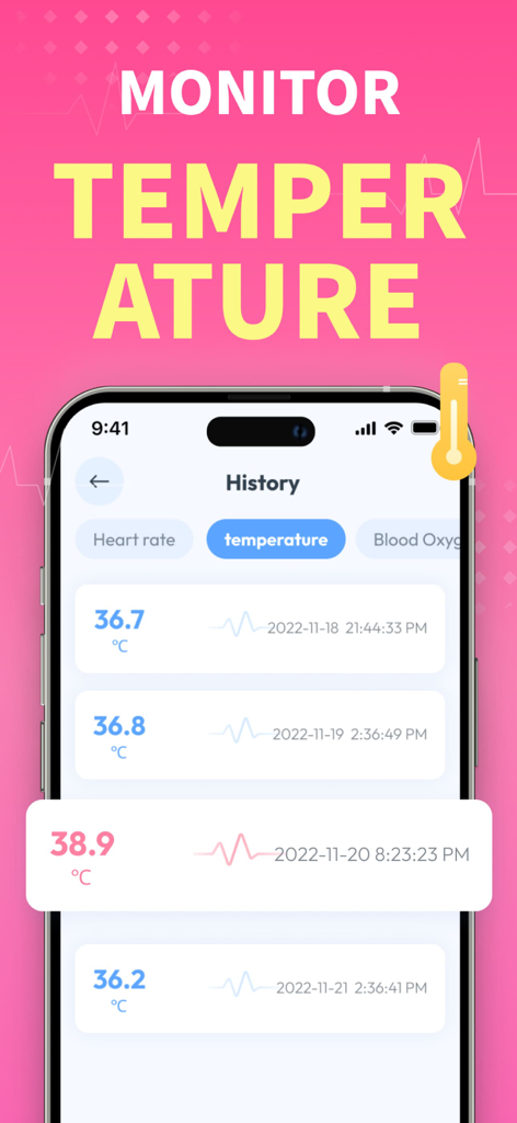 Mobile app screen showing a list of body temperature history logs with dates and timestamps