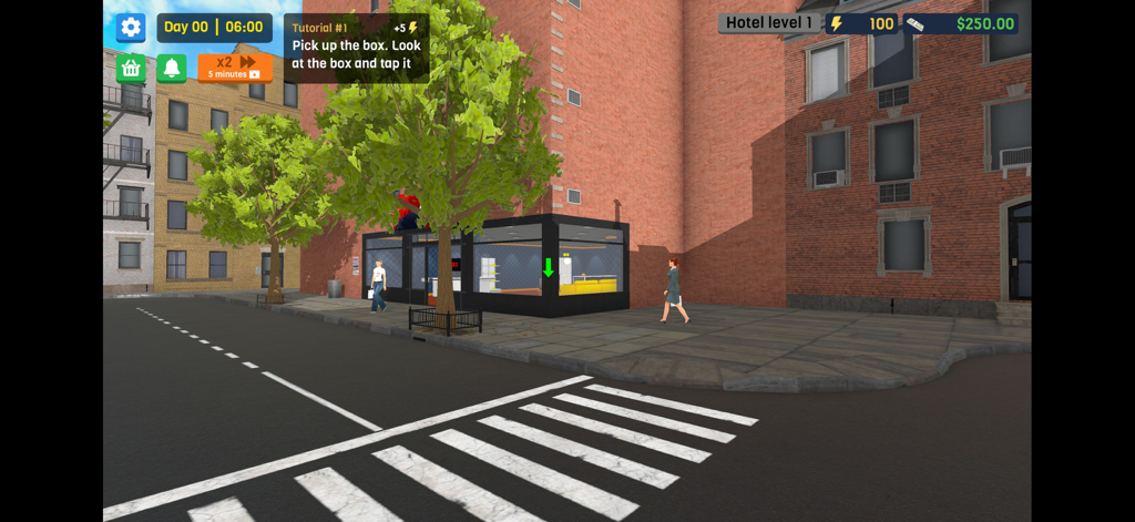 City Hotel Simulator - Gameplay-Screenshot von City Hotel Simulator, der die Außenansicht eines Hotels der Stufe eins in einer städtischen Straße mit Tutorial-Aufforderungen zeigt
