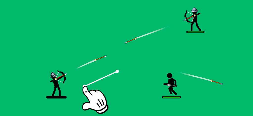 Stickman archery gameplay in The Archers 2 featuring a bow and arrow aiming mechanic