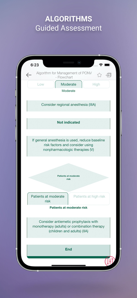 Clinical Anesthesia MGH HBK - Screenshot of the Clinical Anesthesia MGH app showing an interactive algorithm flowchart for guided medical assessment.