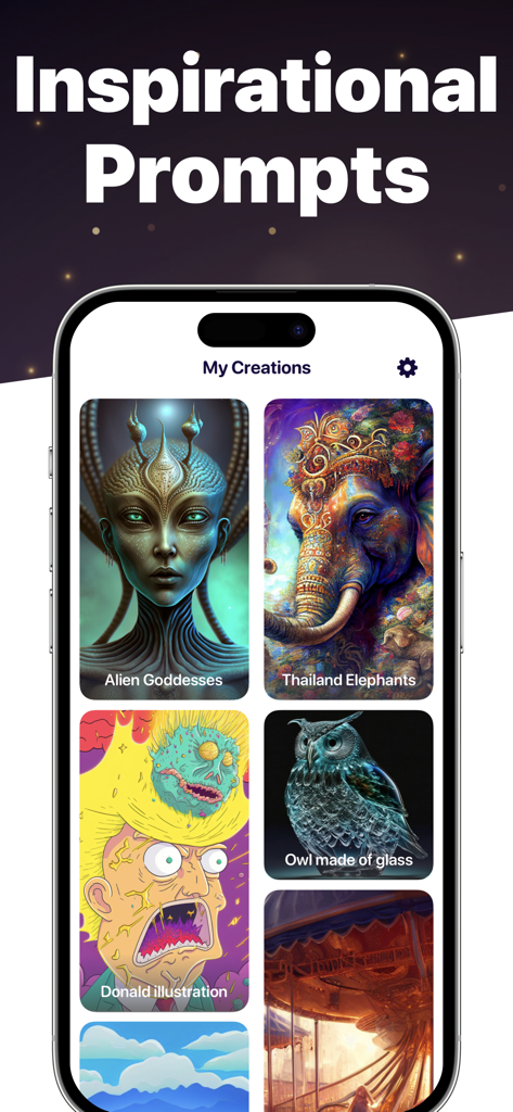 AI Photo Generator & Maker - モバイルデバイス上のエイリアンの女神、装飾的な象、ガラスのフクロウなど、多様なAI生成アートギャラリー