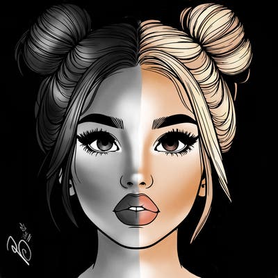 realistic girl with two buns on her hair and lips