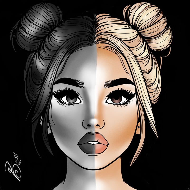 realistic girl with two buns on her hair and lips