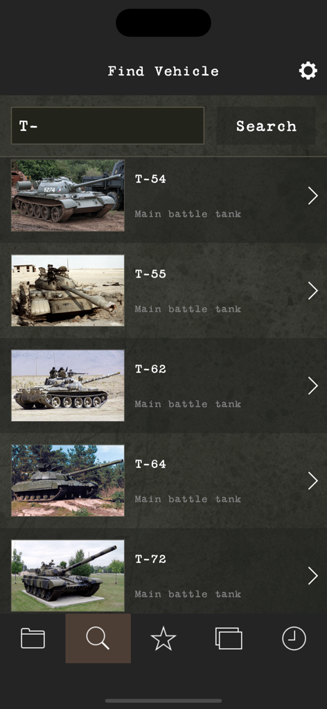 Cold War Military Vehicles - Pantalla de búsqueda de la aplicación móvil mostrando una lista de tanques principales de batalla soviéticos de la serie T, incluyendo el T-54 y el T-72