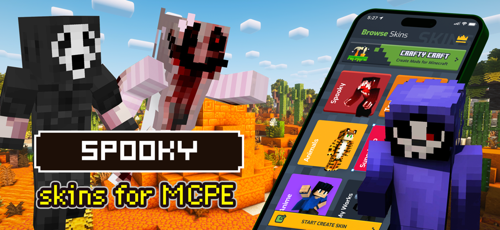 Phase 3 Skins for Minecraft PE - 마인크래프트 PE 앱 인터페이스, 으스스한 스킨과 캐릭터 카테고리 표시