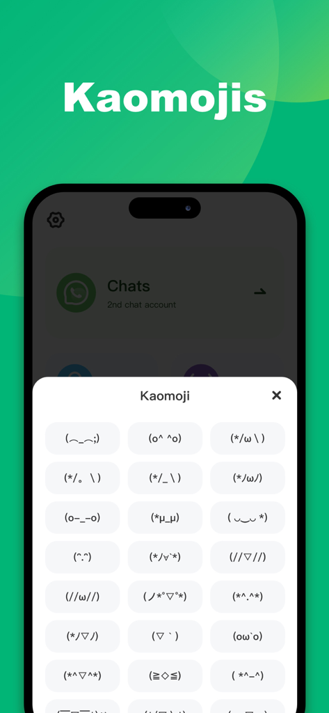 WA Web - Dual Chat App - A menu display showing various cute kaomoji text emoticons for messaging in the dual chat app.