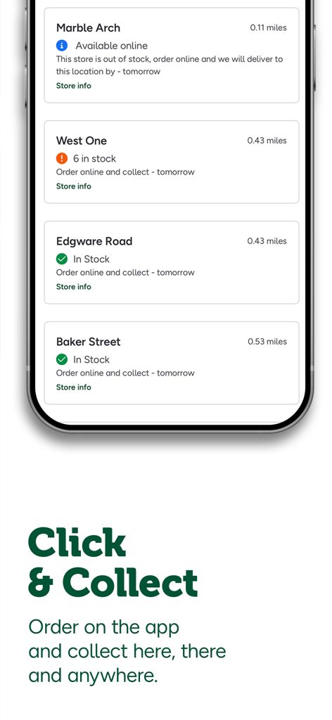 Bildschirm der Holland and Barrett App, der Click and Collect-Filialstandorte mit Lagerstatus und Abholzeiten anzeigt.
