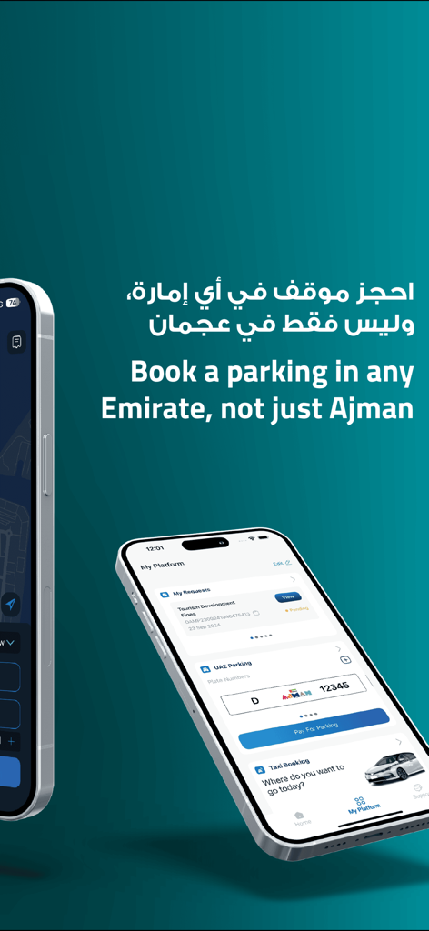 AjmanOne mobile app screen showing UAE-wide parking booking and taxi services