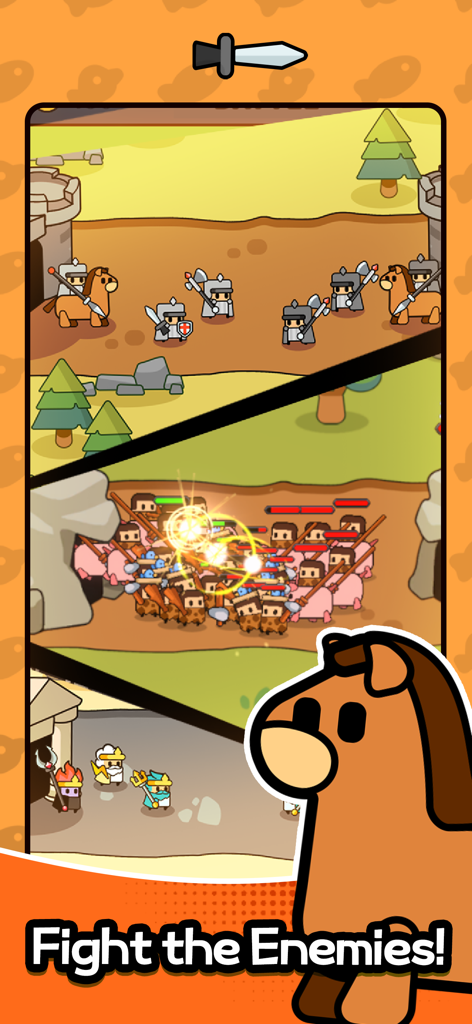 Time War : Origin - A mobile game screen showing cartoon battles across different historical time periods including medieval and stone age eras