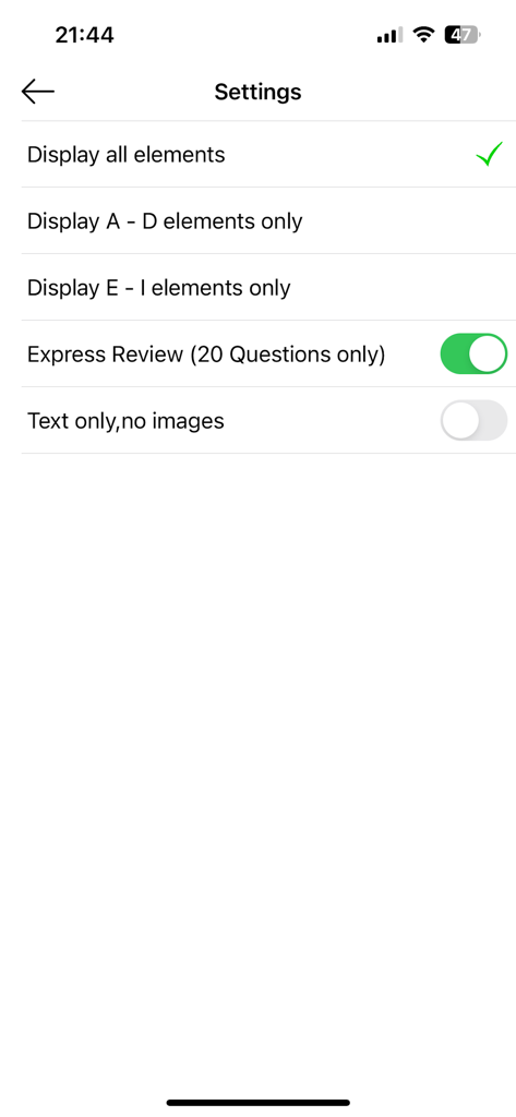 MAG CoP Study (2025-28) - Settings screen of the MAG CoP Study app showing options for element display and express review mode.