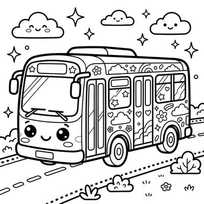 Get ready to spread joy with this super cute Kawaii transit bus coloring page, perfect for all ages. Adorned with delightful patterns and a friendly face, it's an enchanting ride into creativity.