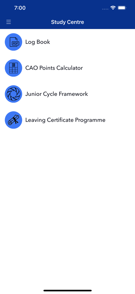 Mount Sackville - Study Centre menu in the Mount Sackville school app featuring academic resources like the CAO points calculator and study programmes
