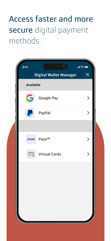 Capital One Mobileアプリのデジタルウォレットマネージャー画面に、Google PayやPayPalなどの安全な支払いオプションが表示されています。