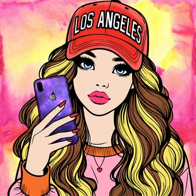realistic beautiful girl wearing los ángeles cap holding an iphone