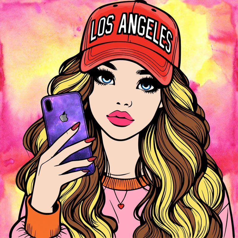 realistic beautiful girl wearing los ángeles cap holding an iphone