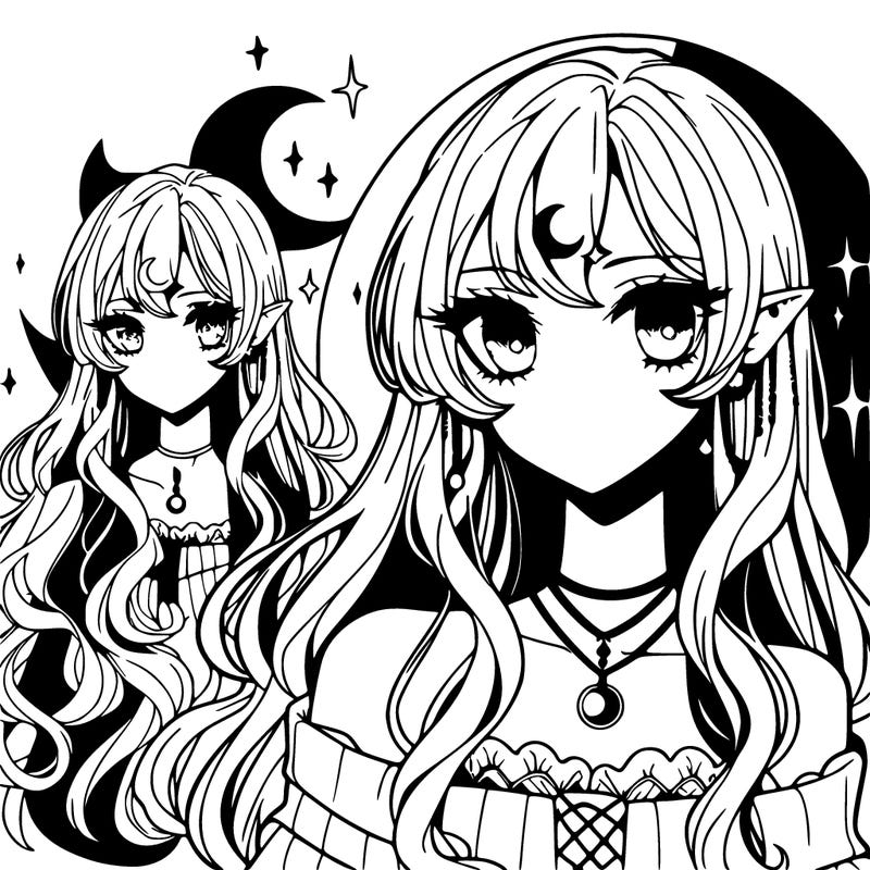anime female vampire, crescent moon tattoo on forehead, long light hair