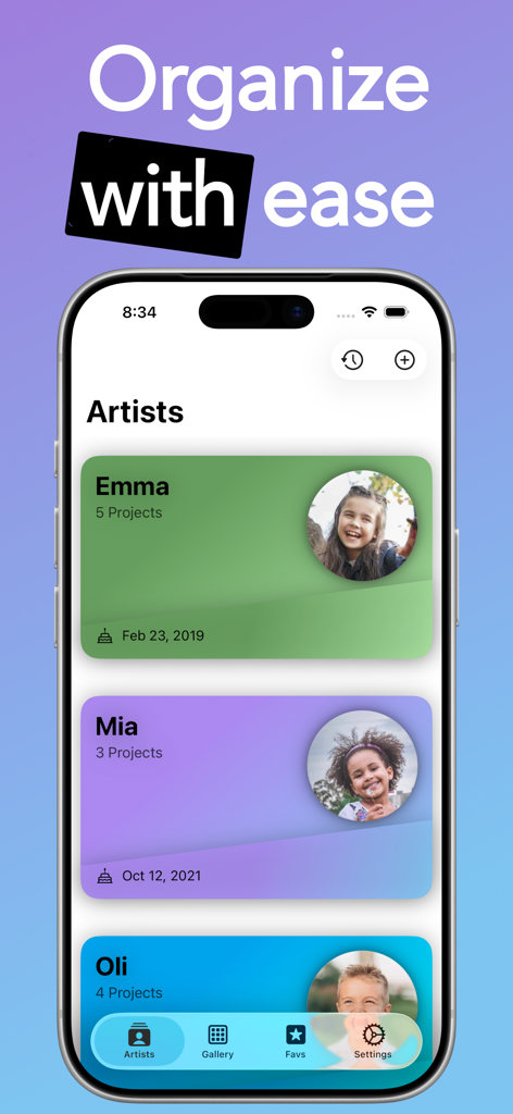 Mobile app screen showing artist profiles for children to organize their creative projects.