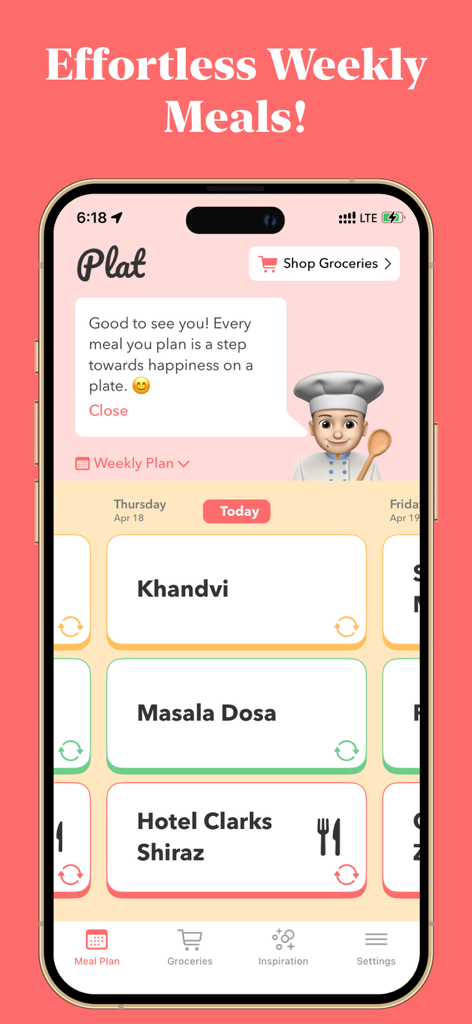 Plat – AI Meal Planner - Schermata dello smartphone che mostra l'interfaccia dell'app Plat AI Meal Planner con un programma settimanale di piatti indiani come Masala Dosa e Khandvi.