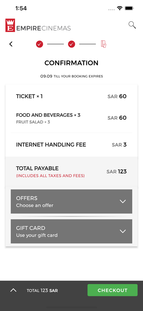 Empire Cinemas - Pantalla de confirmación de reserva de la aplicación Empire Cinemas que muestra los detalles de la entrada y el pedido de comida