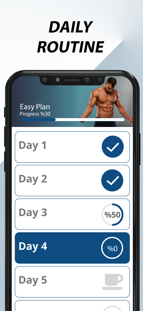 Arm Workouts for Men - A mobile app interface displaying a daily routine list and progress tracking for a 30 day arm workout challenge.