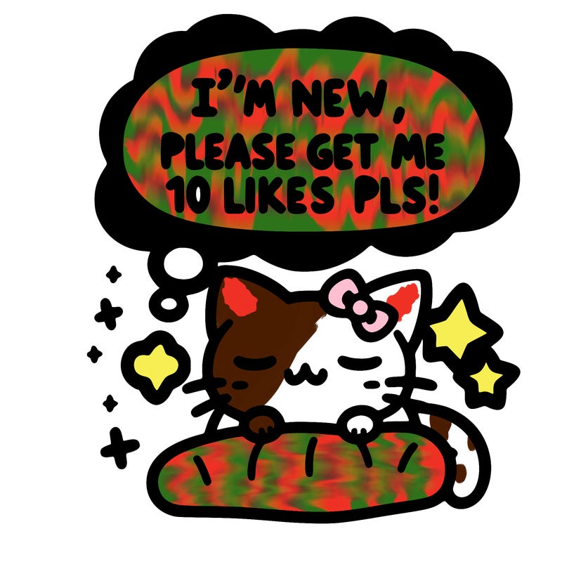 kitty taking a nap dream talking and saying "i'm new, please get me at least 10 likes pls!!"