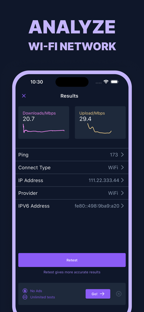 WiFi Connect: Internet & Speed - WiFi Connect app interface showing speed test results including download and upload speeds with network details