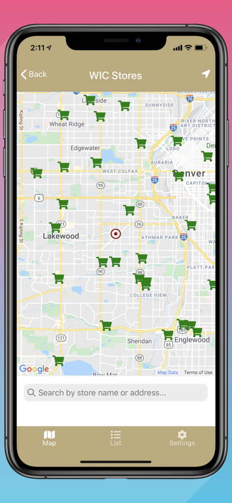 WICShopper app interface showing a map of WIC-approved grocery store locations with a search bar.