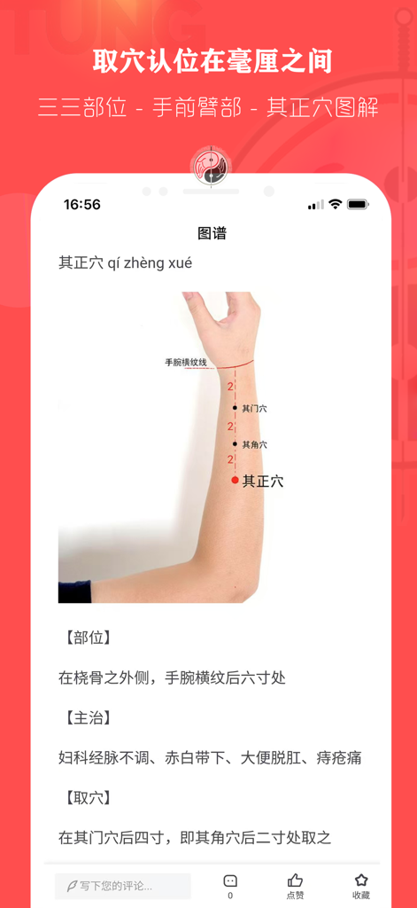 董氏奇穴针灸学 - Acupuncture point diagram on a human forearm within the Master Tung Extra Points app showing specific clinical locations