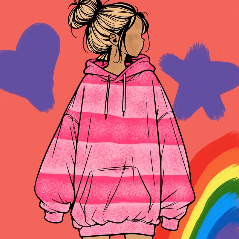 realistic girl with a oversized sweatshirt on and a bun