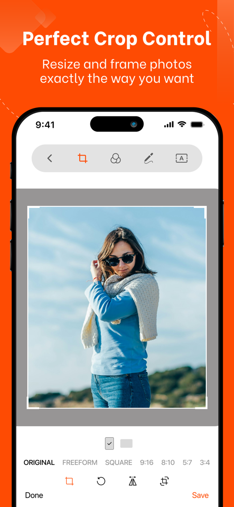 Photo Retouch Remove Objects - Uma interface de smartphone mostrando a ferramenta de cortar e redimensionar com várias opções de proporção no aplicativo Photo Retouch.