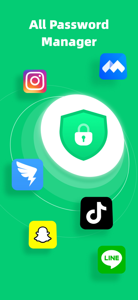 Password Vault - Manager - Secure password manager shield icon surrounded by social media app icons on a green background