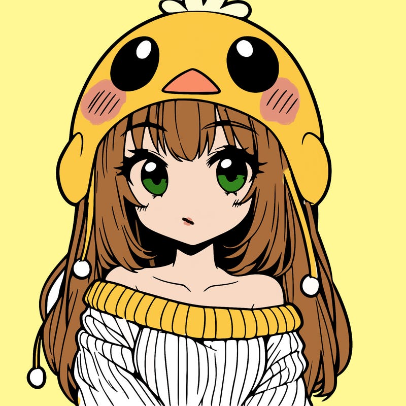 anime girl with chick shaped hat with sweater with bare shoulders with bangs covering them one eye with low tail
