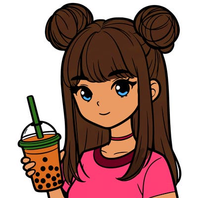 realistic girl holding boba cup with buns on the top of her head