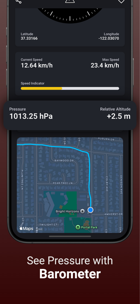 Altitude Finder: GPS Altimeter - Altitude Finder app interface showing barometric pressure relative altitude and real-time map tracking