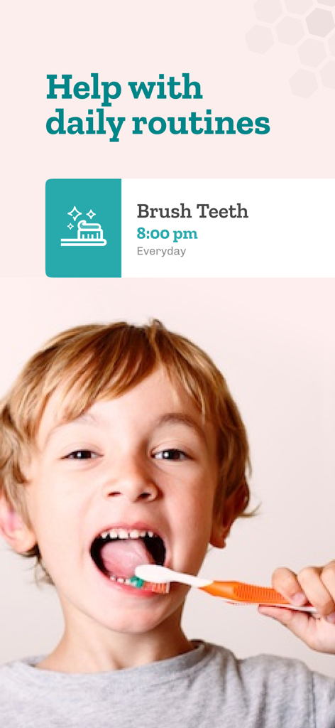 Bee Ready: Daily Reminders - Bee Readyアプリからの毎日のルーティン・リマインダーで歯を磨く少年。