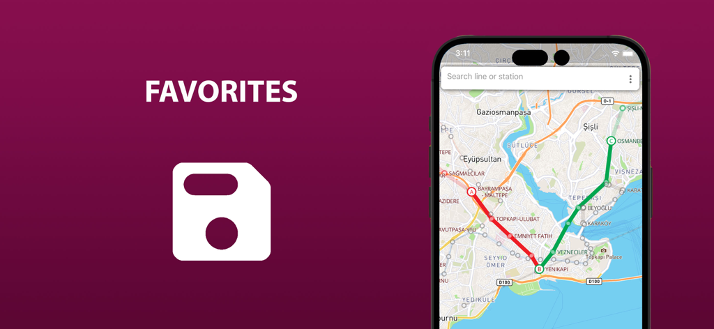 Mappa dei trasporti pubblici di Istanbul con la funzione preferiti su uno smartphone