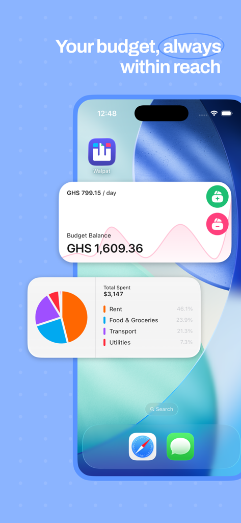 Walpat: Smart budgeting - Widgets do aplicativo de orçamento Walpat em uma tela inicial de iPhone exibindo hábitos de gastos e saldo do orçamento