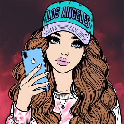 realistic beautiful girl wearing los ángeles cap holding an iphone
