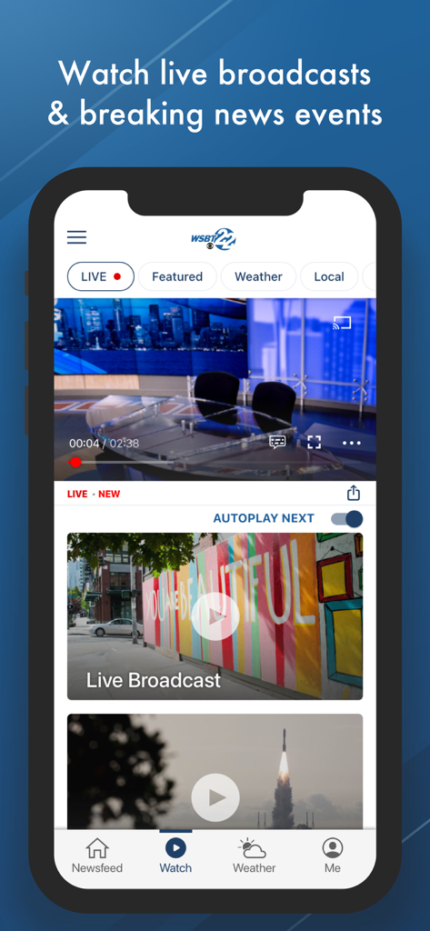 WSBT-TV News app interface on iPhone showing the watch section with live news broadcasts and breaking news events
