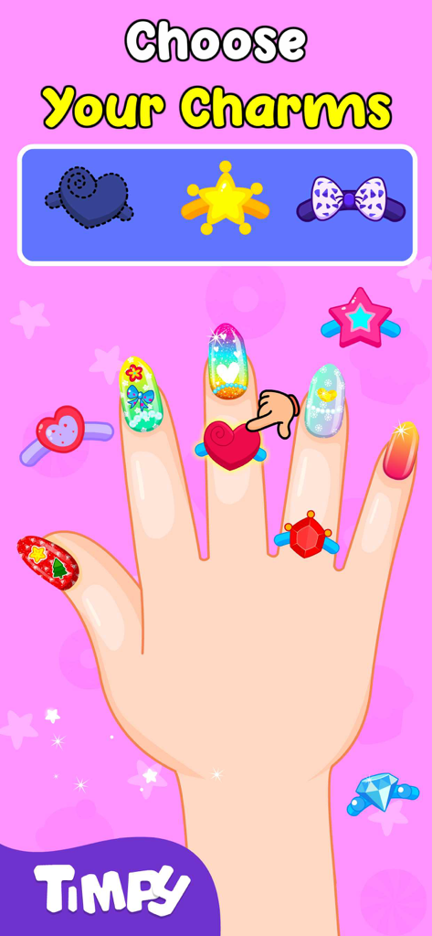 Nail Art Salon Games For Girls - Uma mão com arte de unhas colorida e anéis decorativos em um jogo de moda para crianças.