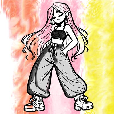 girl in baggy pants crop top and long hair