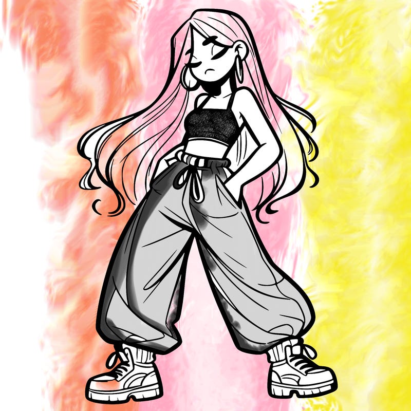 girl in baggy pants crop top and long hair