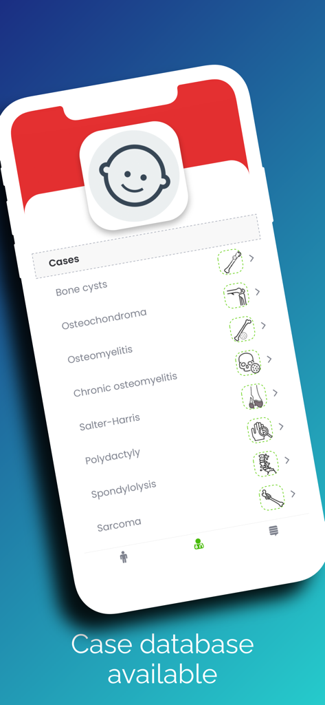 Pedbone App-Oberfläche mit einer Liste von pädiatrischen Knochen-Medizinischen Fällen in einer Datenbank