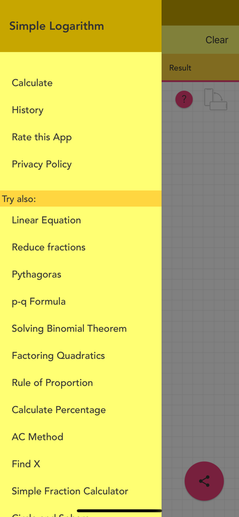 Simple Logarithm PRO - Sidebar menu of the Simple Logarithm PRO app displaying calculation modes and other math tools