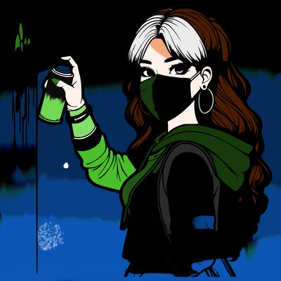 realistic girl with mask spray painting a wall