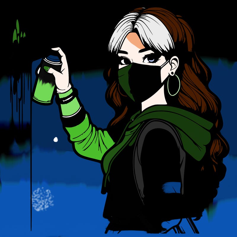 realistic girl with mask spray painting a wall