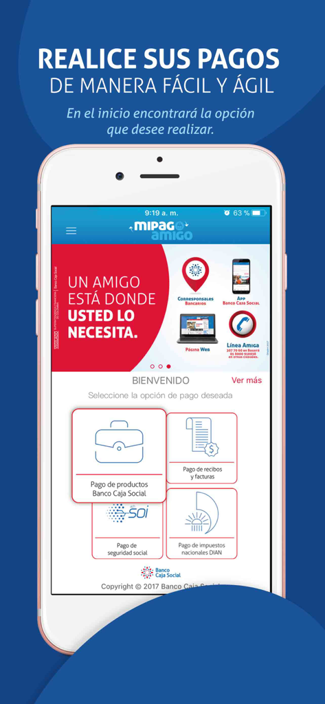 mipagoamigo - Pantalla de inicio de la aplicación mipagoamigo de Banco Caja Social mostrando opciones de pago para facturas, impuestos y seguridad social en Colombia