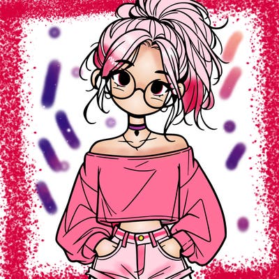 girl with a messy ponytail glasses a baggy crop top and jean shorts